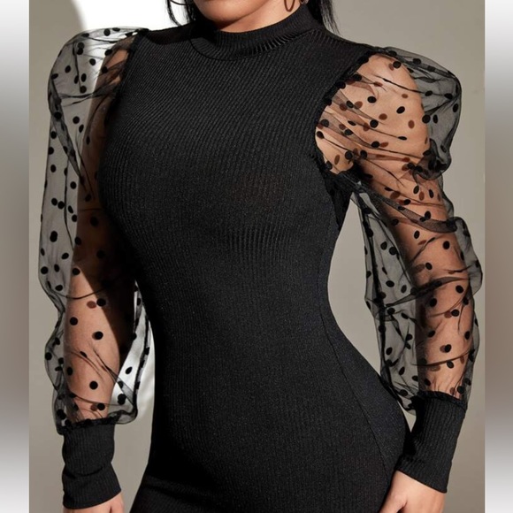 Luxe black mesh sleeve party formal evening wedding bodycon dress - Picture 4 of 12